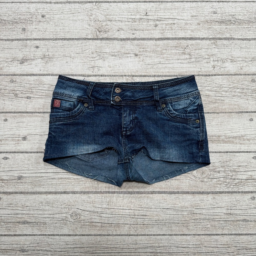 Y2K Foxy Jeans Mini Shorts Women's 14 Blue Denim Dark Wash Low Rise Cut Off Boho
